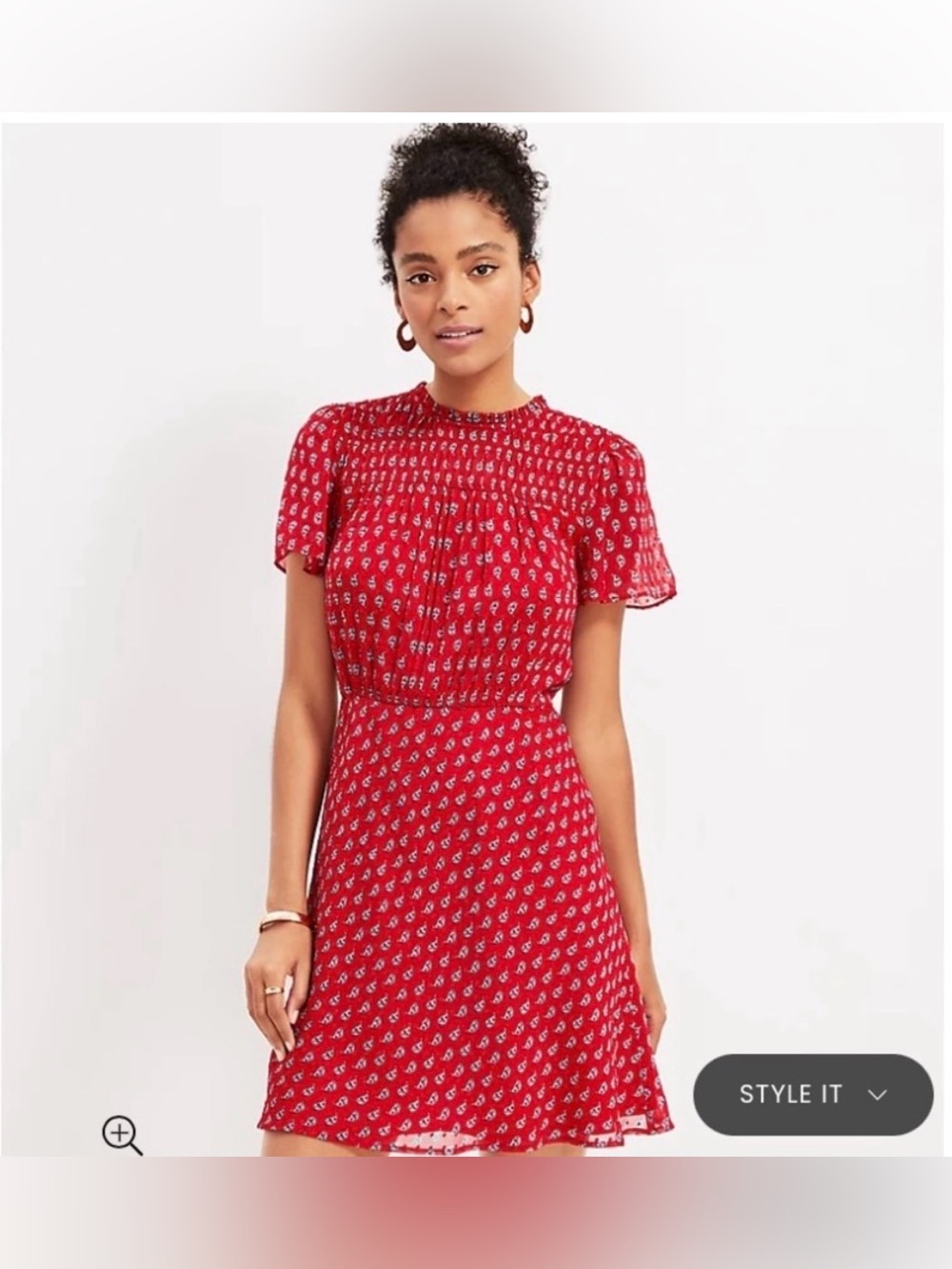 LOFT Red Geometric Print Smocked High Neck Mini Dress Size 6 Short Sleeve